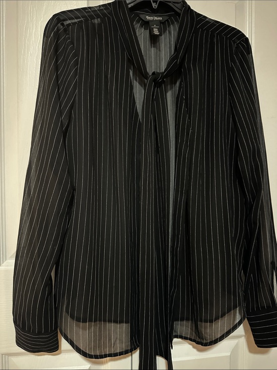 White House Black Market Tops - White House Black Market Black Pinstripe Tie-Neck Blouse